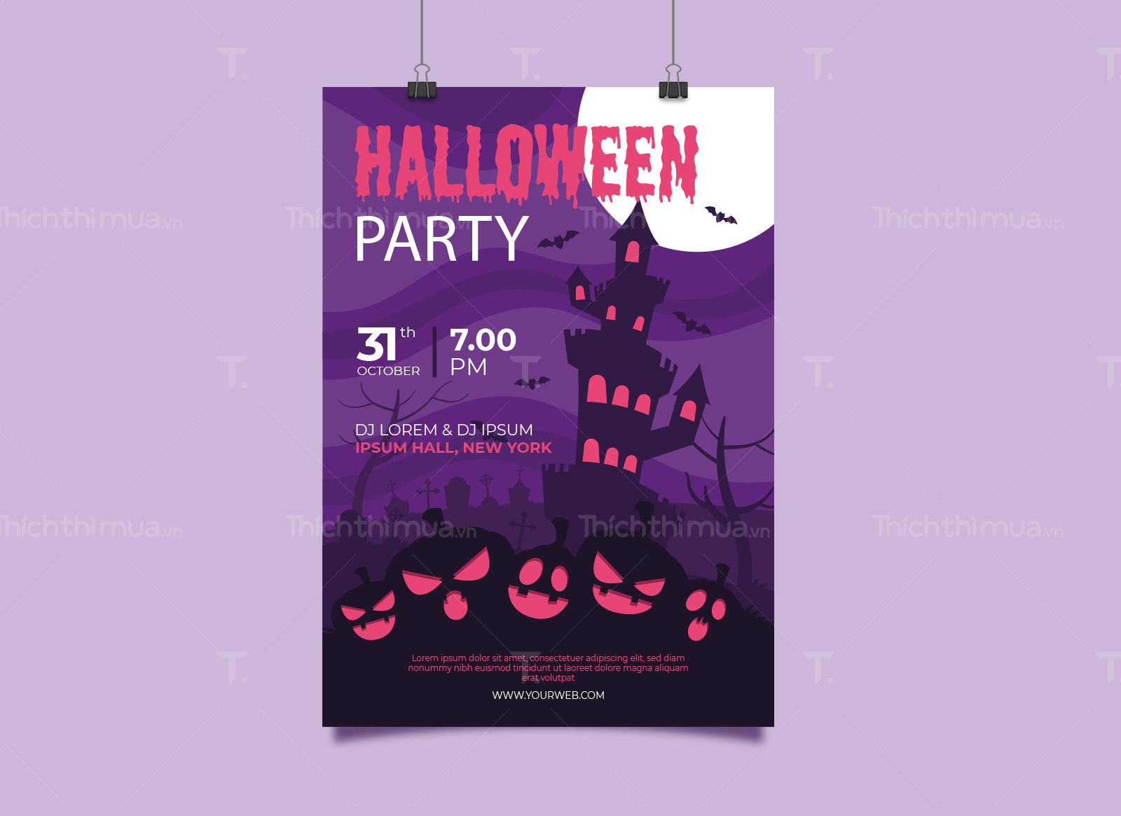 Poster tiệc hóa trang Halloween màu tím