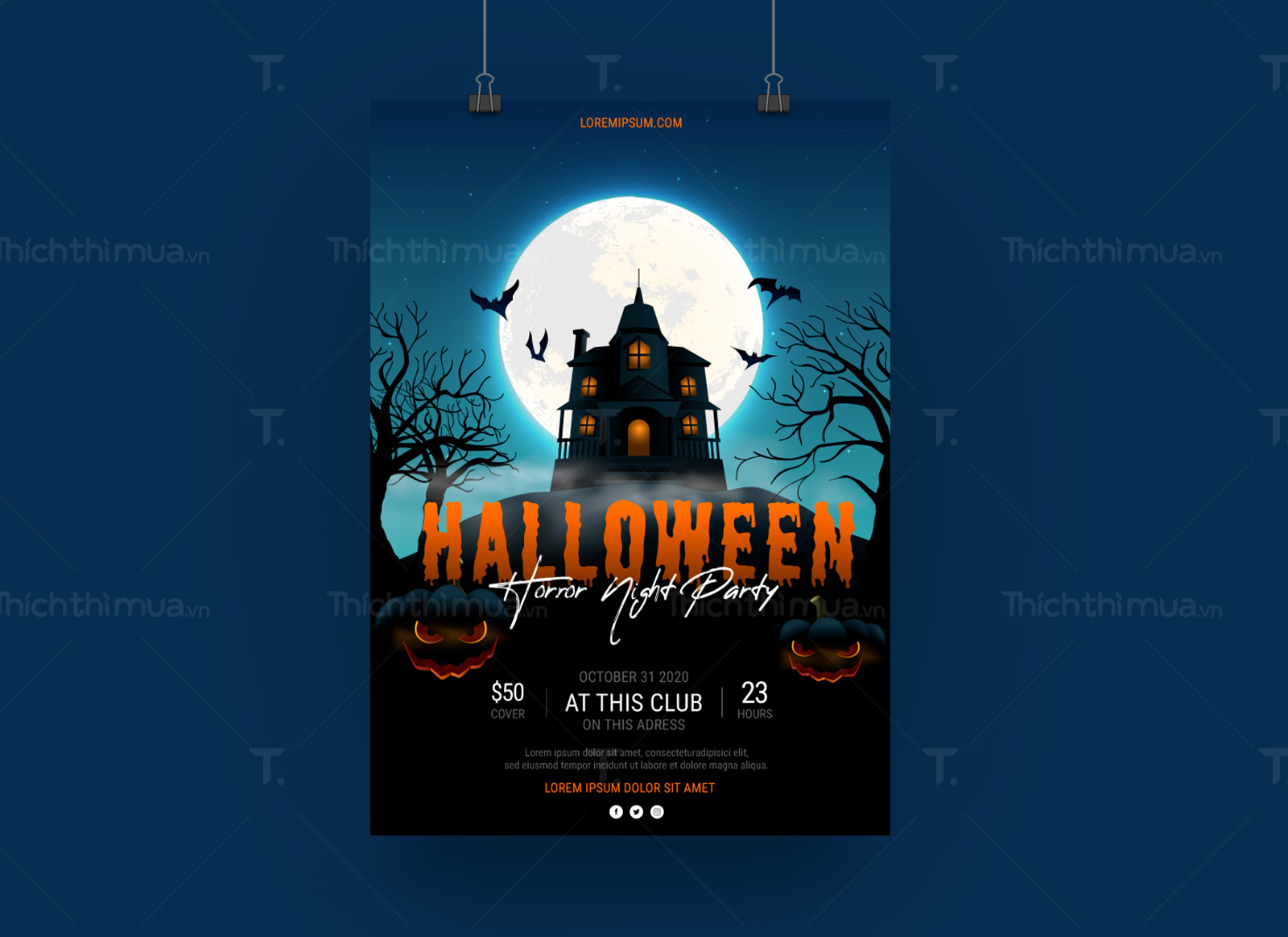 Poster tiệc hóa trang Halloween màu xanh navy