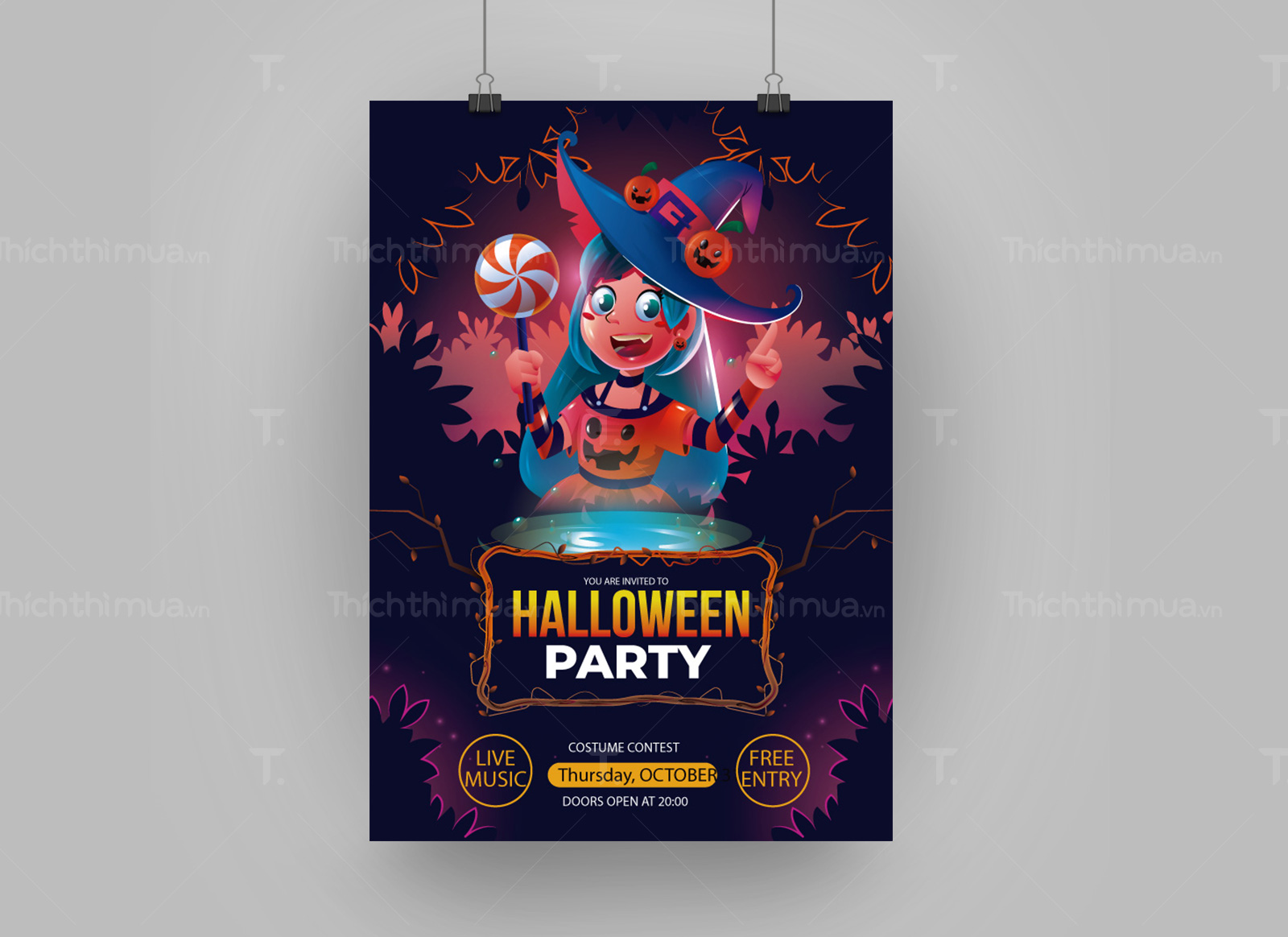 Poster tiệc hóa trang Halloween cô phù thủy dễ thương